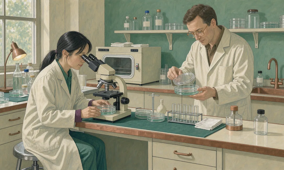 Two illustrated researchers examine culture dishes beside a bench microscope