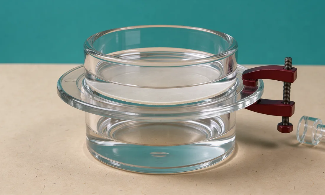 Glass chambers separated by a thin membrane on a laboratory bench