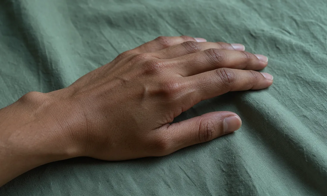 Side light reveals natural skin texture on a hand resting on linen